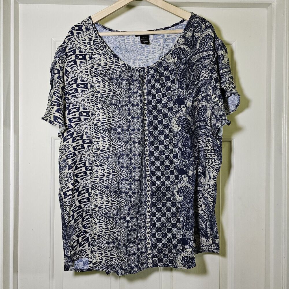 Love Ryan Plus 3XL Navy Blue And Taupe Mix Print Scoop Neck